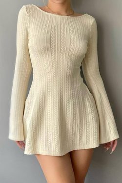Backless Slim Solid Color Long Sleeve Knitted Dress