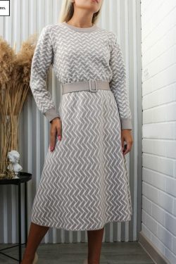 Beige Geometry Pattern Knitted Sweater Dress - Y2K Clothing
