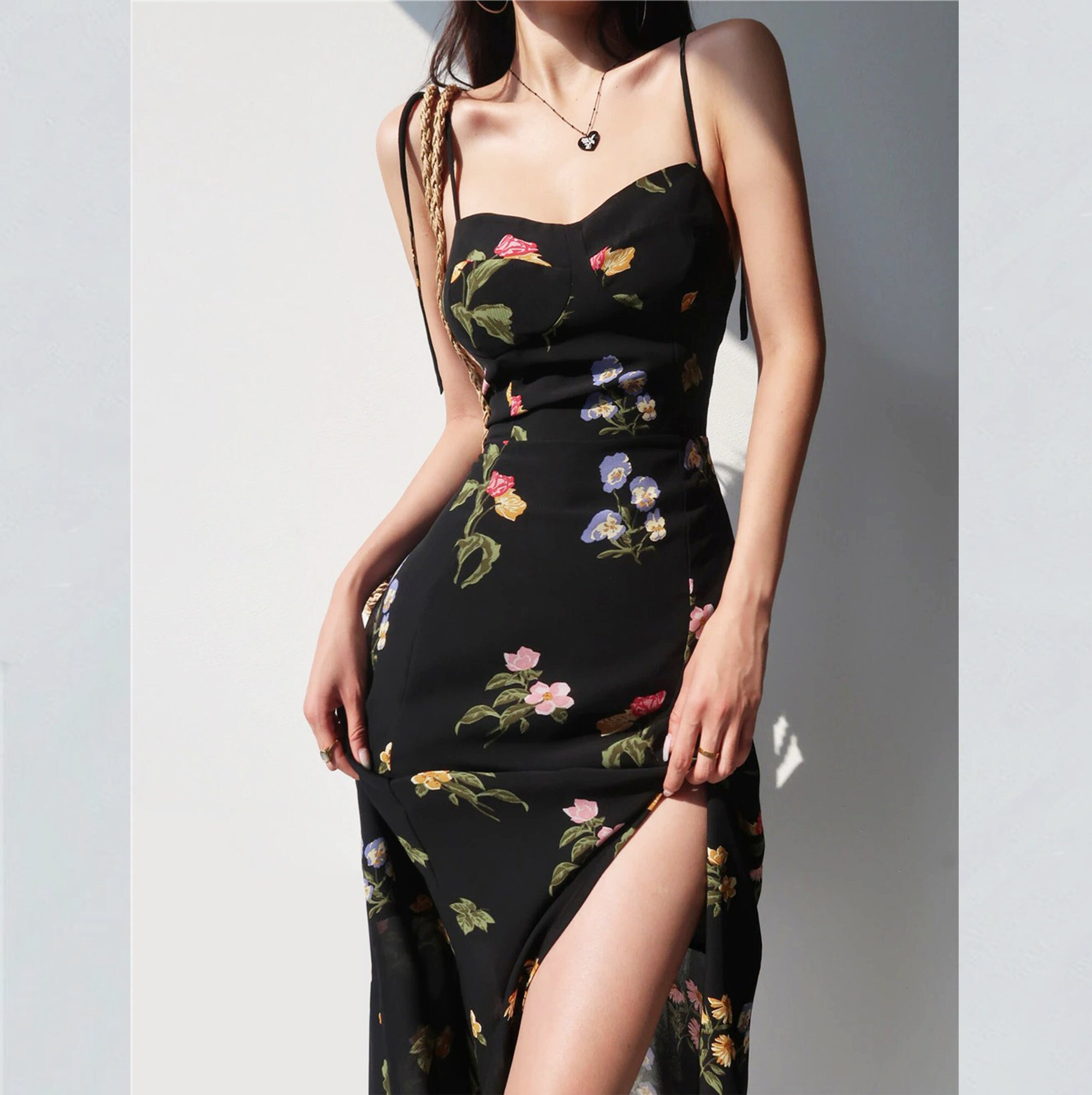 Black Floral Print Midi Dress with Side Slit and Smocked Back
