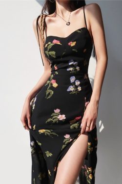 Black Floral Print Midi Dress with Side Slit and Smocked Back