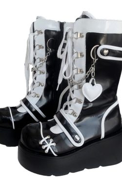 Black Goth Platform Boots - Winter Aesthetic Y2K Smiley Kid Core