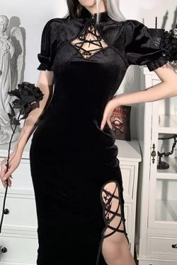 Black Gothic Aesthetic Slit Below Knee Lace-Up Vampire Dress