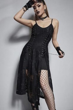 Black Gothic Lace Midi Dress for Grunge Aesthetic Parties
