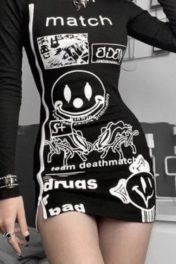 Black Gothic Long Sleeve Witch Dress - Y2K Aesthetic Streetwear