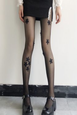 Black Gothic Sheer Pantyhose with Flower Applique