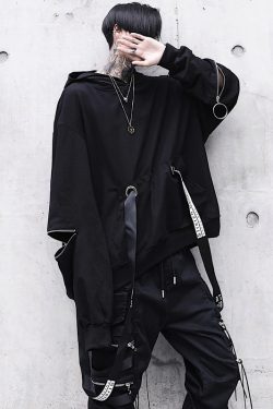 Black Hooded T-Shirt for Men - Streetwear Punk Gothic Harajuku