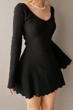 Black Knitted Long Sleeve Mini Dress - Casual Spring Autumn Fashion