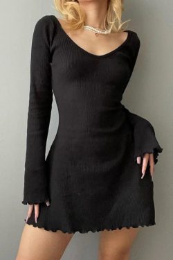 Black Knitted Long Sleeve Mini Dress - Casual Spring Autumn Fashion