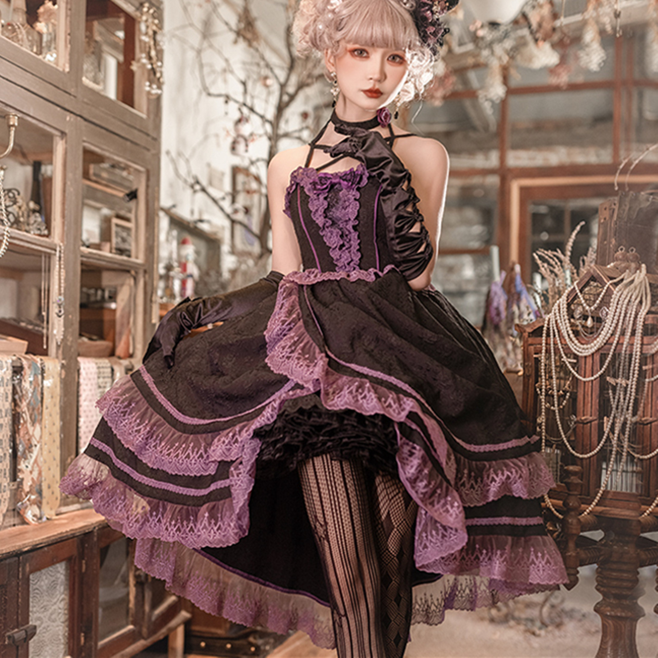 Black Lace Sleeveless Gothic Party Costume Dress