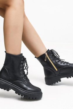 Black Leather Combat Boots - Women's Lace-up Platform Shoes