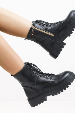 Black Leather Combat Boots - Women's Lace-up Platform Shoes