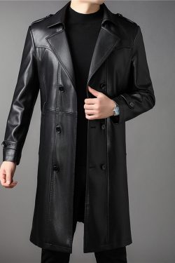 Black Leather Winter Jacket Men's Sheepskin Trench Coat