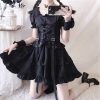 Black Lolita Princess Dress for Women High Waist Puffy Sleeves Lace