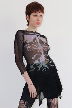 Black Mesh See-Through 3 4 Sleeve Graphic T-Shirt for Women