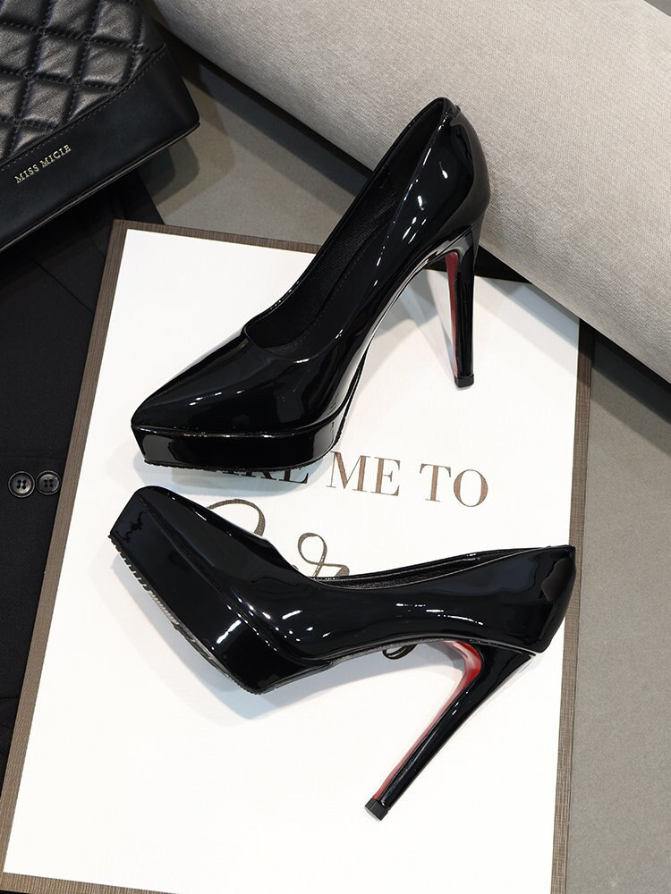 Black Patent Leather Stiletto Shoes with Red Soles
