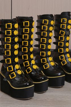 Black Smiley Platform Wedge Boots - Y2K Fashion