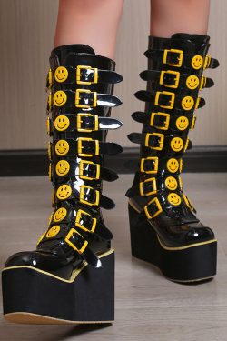 Black Smiley Platform Wedge Boots - Y2K Fashion