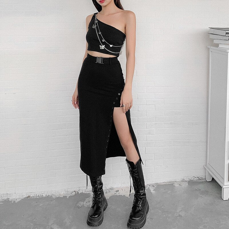 Black Split Skirt with Button - Sexy Slit Skirt with Belt