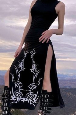 Black Tribal Print Slit Dress - Y2K Gothic Punk Harajuku Streetwear