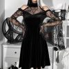 Black Velvet Mini Dress with Lace Trim Decoration