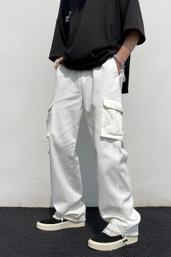 Black White Loose Straight Wide Leg Men's Cargo Pants