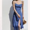 Blue Floral Midi Dress with Side Slit and Ruffles