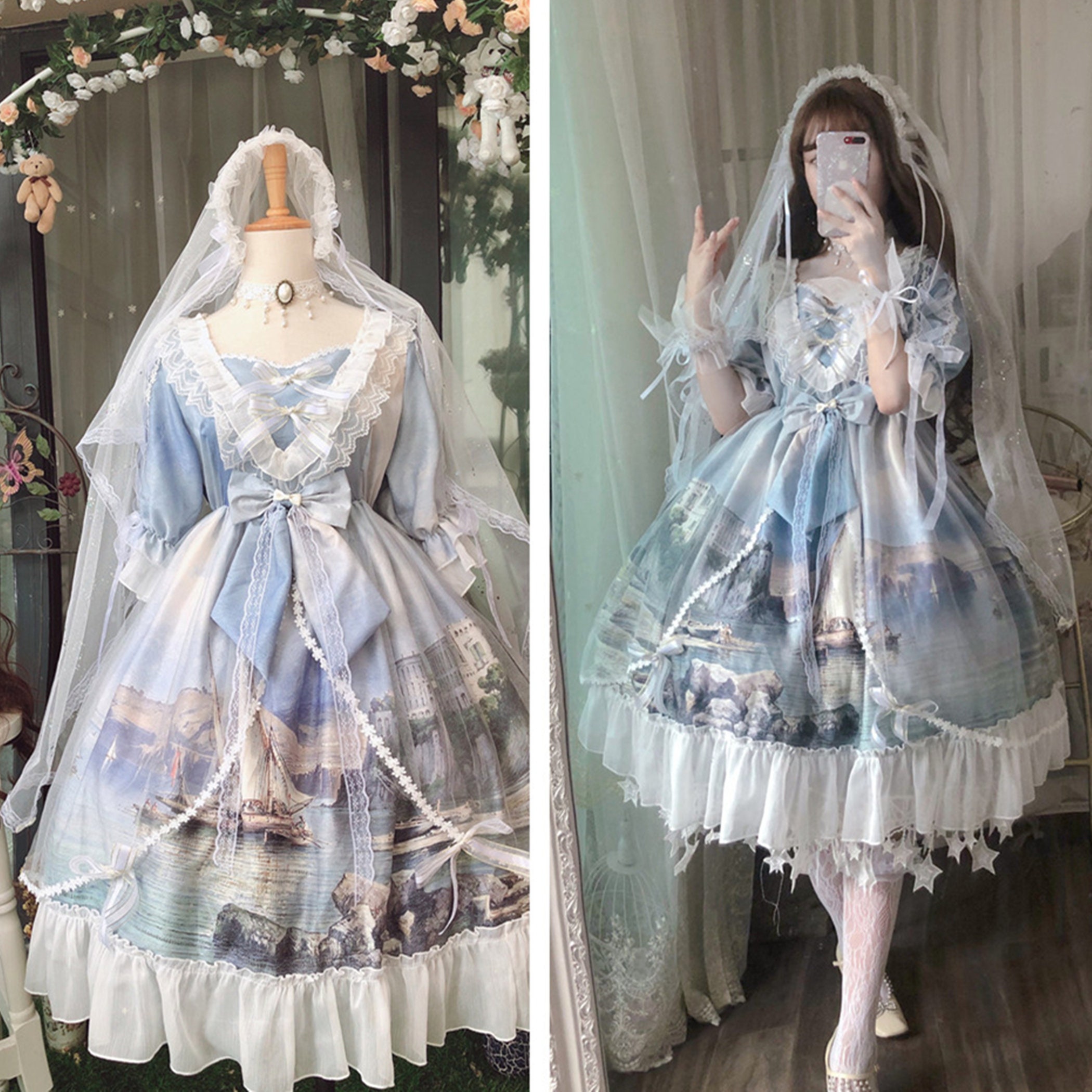 Blue Lace Princess Dress for Tea Party Costume