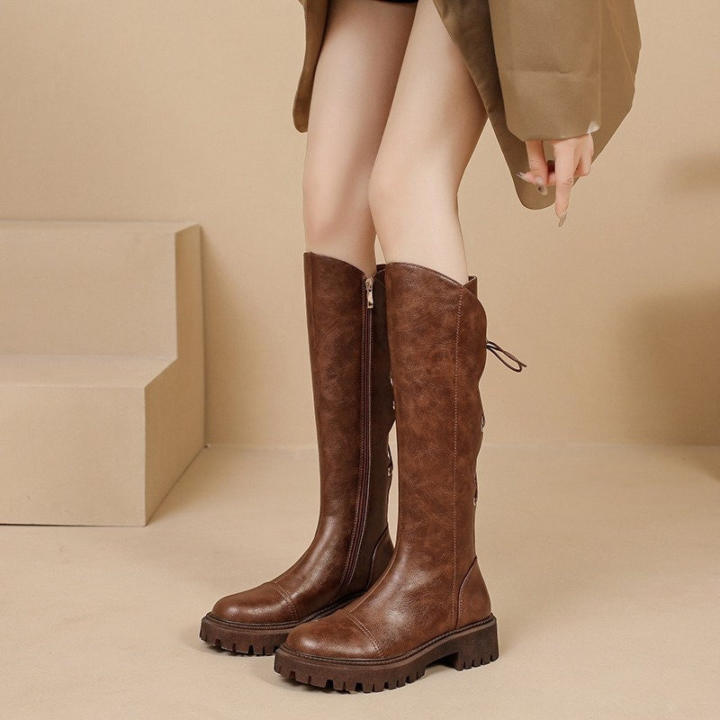 Brown Leather Women's High Boots Unique Fashion Shoes