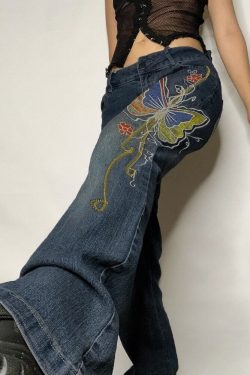 Butterfly Print Low Waist Pants - Y2K Fashion