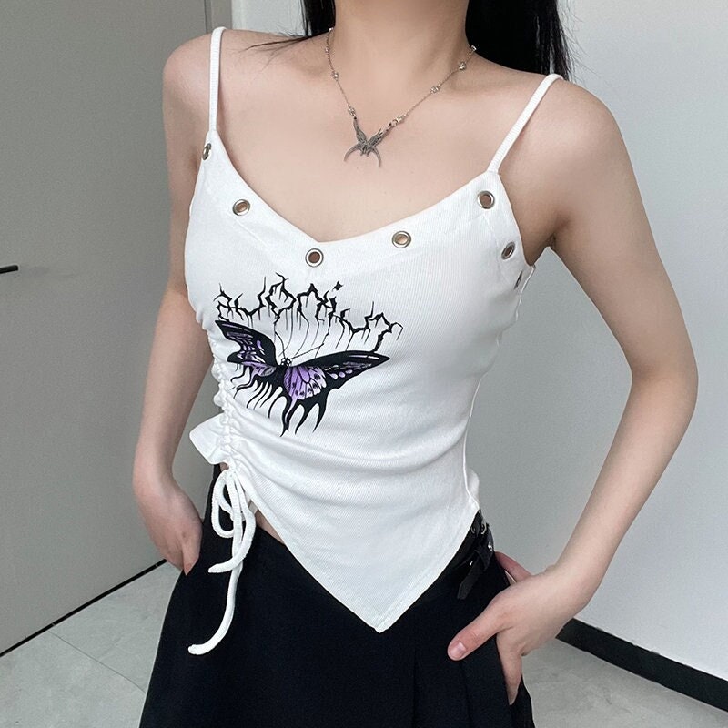 Butterfly Print Sleeveless V-neck Cami - Y2K Clothing