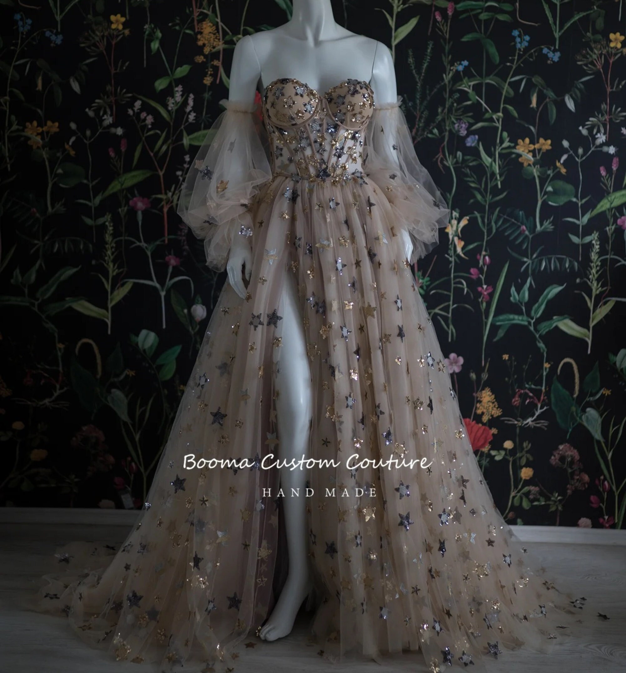 Champagne Starry Tulle Prom Dress - Y2K Clothing