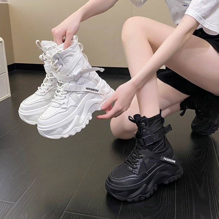 Chunky Platform Ankle Boots - Black White Y2K Fashion