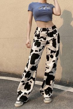 Cow Print Denim Trousers - High Waist Jeans for Women
