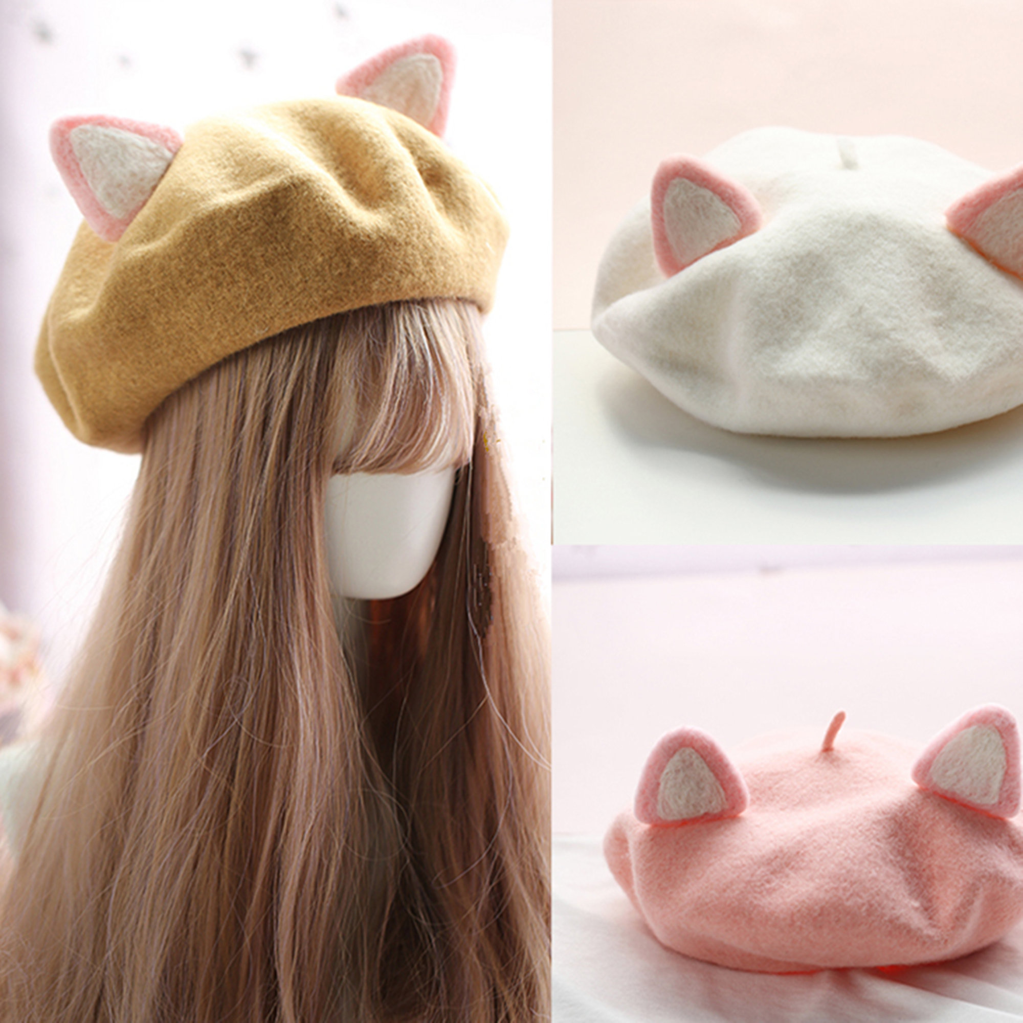 Cute Cat Ear Wool Hat - Retro Autumn Beret Cap