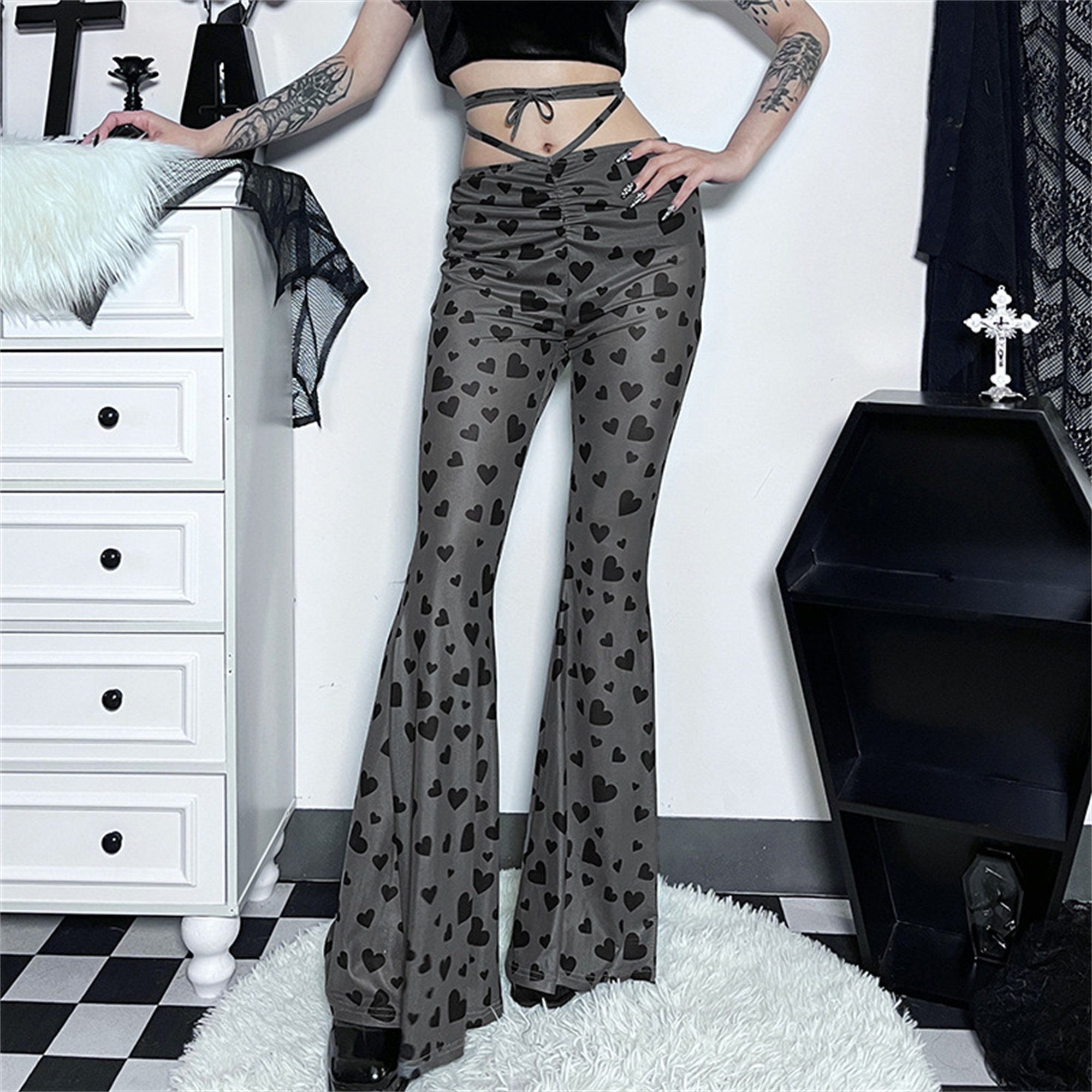 Dark Gothic High Waist Flare Pants - Y2K Clothing