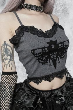 Death Moth Print Lace Crop Top - Women's Gothic Streetwear