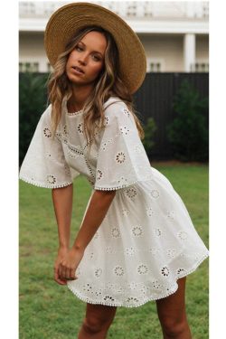 Elegant White Cotton Embroidered Dress - Y2K Fashion