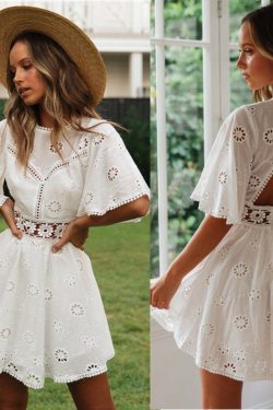 Elegant White Cotton Embroidered Dress - Y2K Fashion