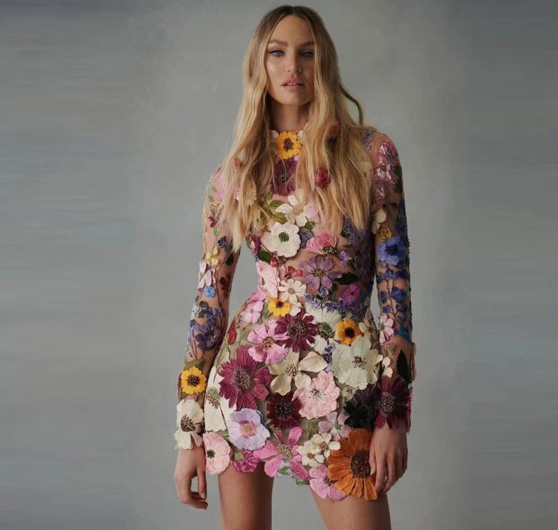 Floral Embroidery Mini Dress - Long Sleeve Spring Party Fashion