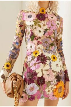 Floral Embroidery Mini Dress - Long Sleeve Spring Party Fashion