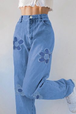 Floral Patchwork High Waist Denim Pants - Y2K Fashion