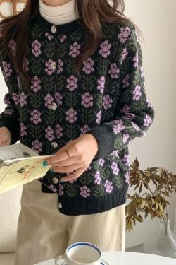 Floral Pattern Cardigan - Women's Y2K Fall Winter Clothing