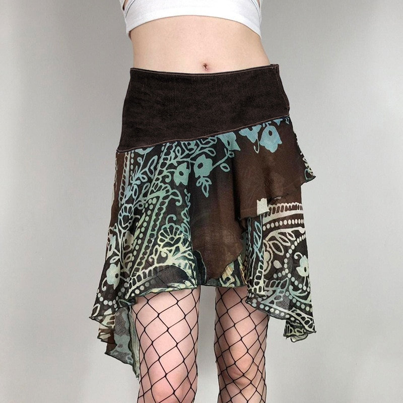 Floral Print Asymmetrical Midi Skirt - Y2K Fashion