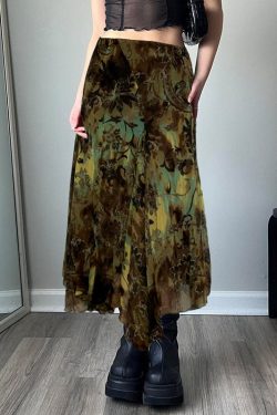 Floral Print Patchwork Midi Skirt - Y2K Vintage Grunge Fashion