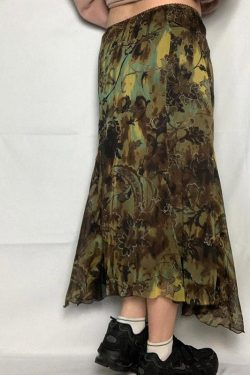 Floral Print Patchwork Midi Skirt - Y2K Vintage Grunge Fashion