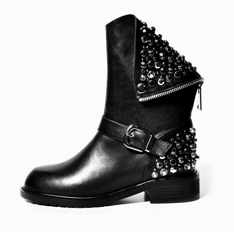 Genuine Leather Ankle Boots - Gothic Style with Rivets and Buckles