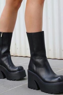 Genuine Leather Ankle Boots for Women Y2K Fashion Mid Calf Shoes