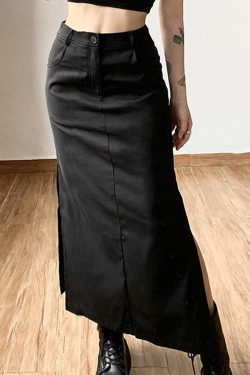 Goth High Waisted Black Midi Skirt - Punk Grunge Y2K Streetwear