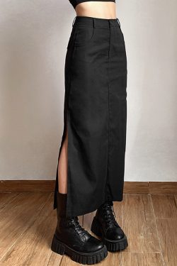 Goth High Waisted Black Midi Skirt - Punk Grunge Y2K Streetwear