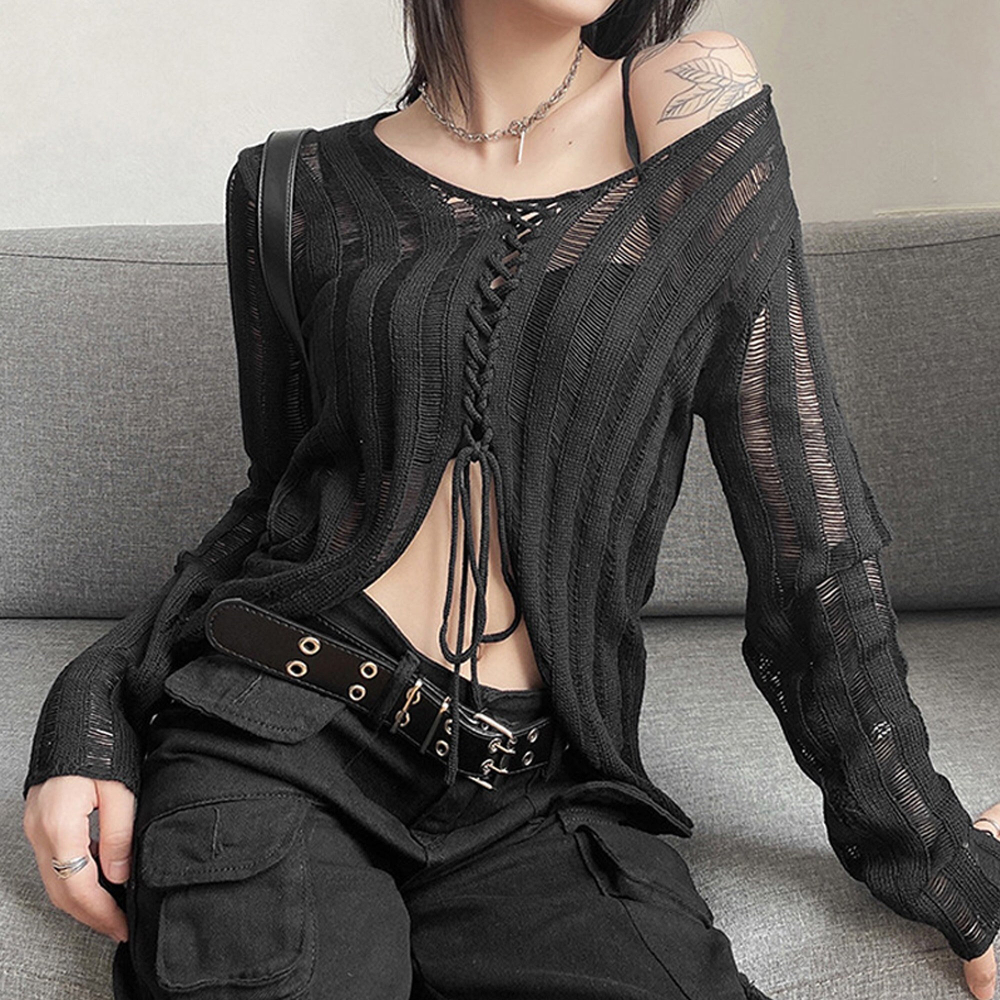 Gothic Black Bandage Blouse - Y2K Grunge Fashion